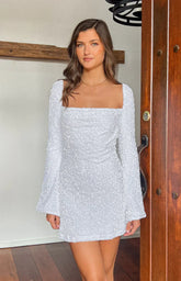 Marienne White Velvet Sequin Long Sleeve Mini Dress