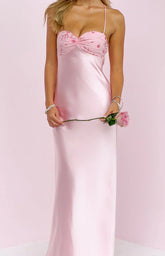 Chilli Pink Beaded Bust Satin Maxi Dress